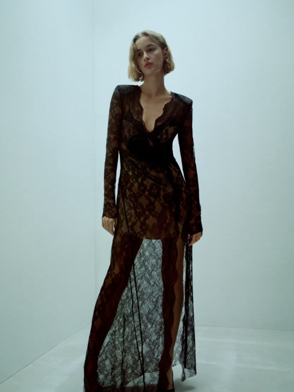 Mango Black Sheer Lace Long-Sleeve Maxi Dress